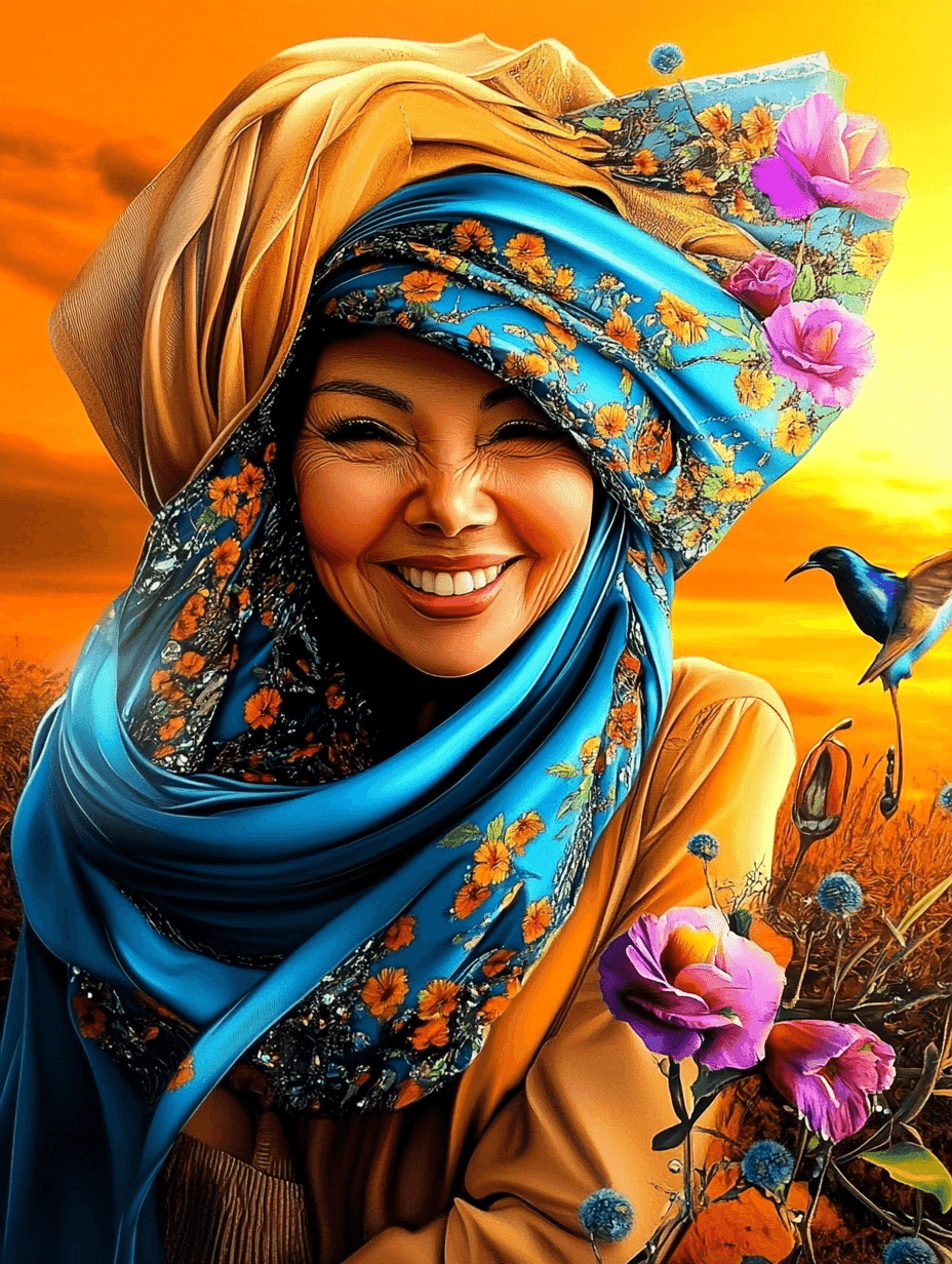 Smiling woman in vibrant headscarf with flowers and bird, against an orange sunset background.