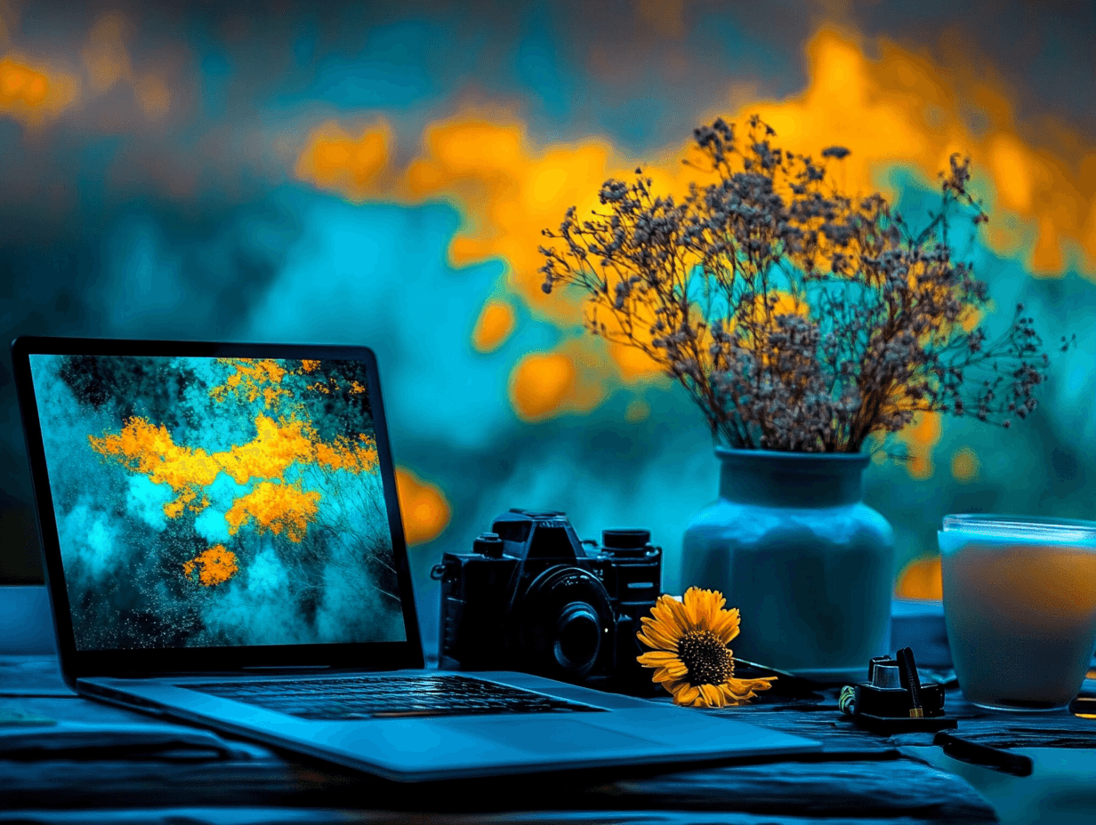 Laptop with abstract screen, camera, sunflower, and vase on a table with blurred neon background.