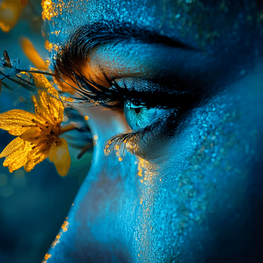 Close-up of a blue-painted eye with golden glitters and a yellow flower accent.