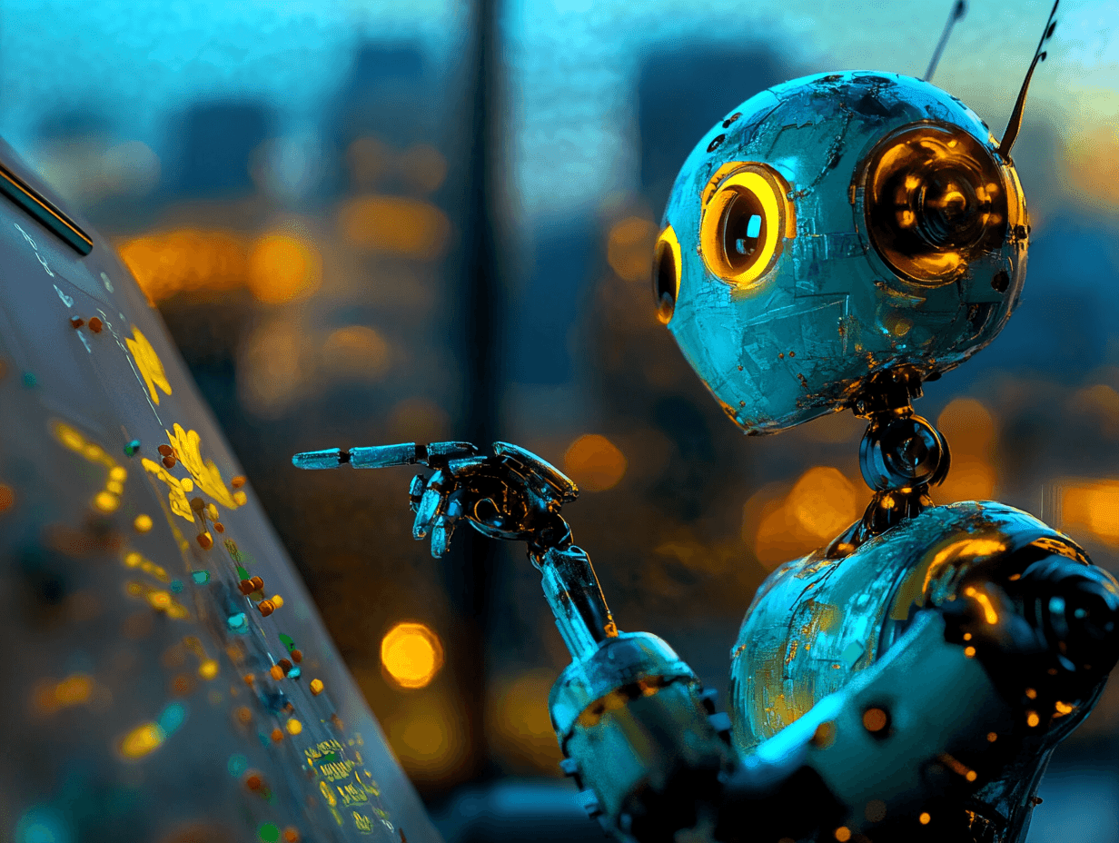 Robot with large eyes interacts with a control panel, glowing buttons and city lights in the background.