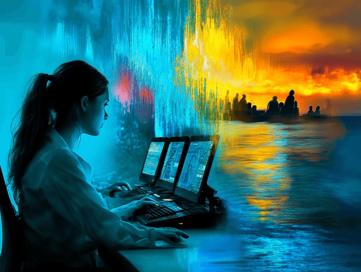 Woman using multiple computers with a surreal ocean scene blending into her workspace.