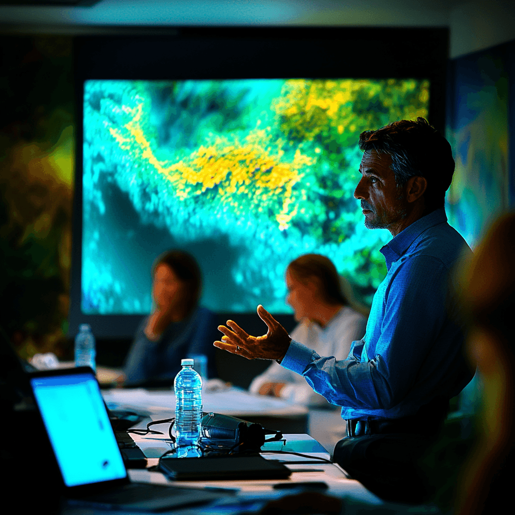 Man giving a presentation in a meeting room with a vivid screen display and attendees listening.