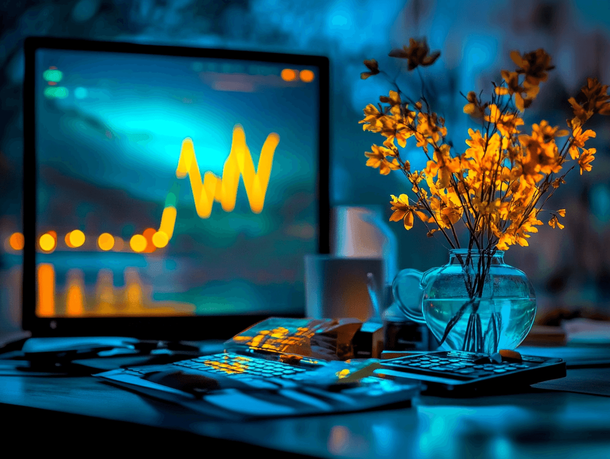 Vase with yellow flowers beside a computer screen displaying a graph in a dimly lit room.